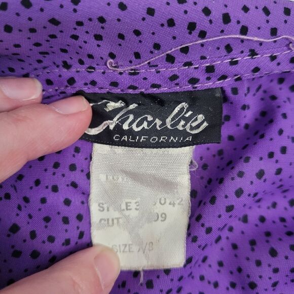 VINTAGE 70s blouse purple printed shoulder button polyester pleated S - Picture 5 of 10